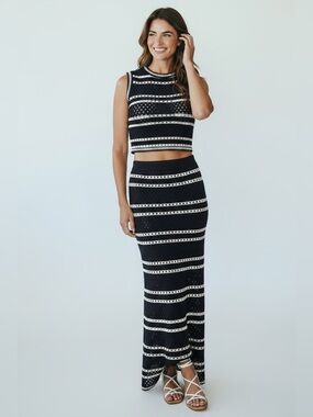 Solitaire Black & White Striped Knit Maxi Skirt